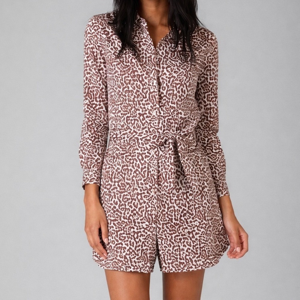 Diane Von Furstenberg DVF Brown Printed Laney Shirt Dress Tie Waist Size 4